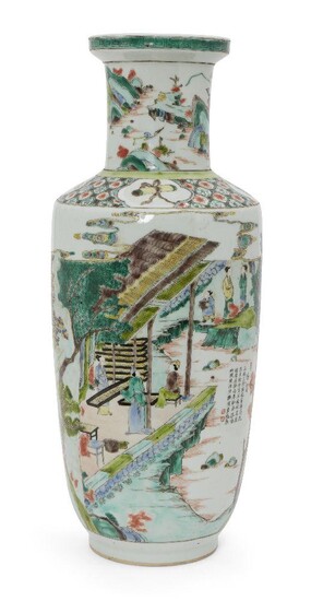 A Chinese porcelain 'silk production' rouleau vase, late Qing dynasty/ Republic period, painted in famille verte enamels with scenes from the yuzhi gengzhi tu 御製耕織圖, with workers carrying and pounding baskets containing roots to create dye, whilst...