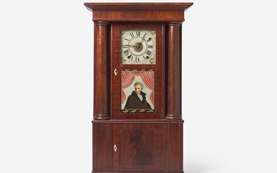 A Classical mahogany and mahogany veneer mantel clock with Andrew Jackson eglomise panel, bears