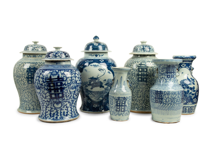 A Collection of Chinese Blue and White Porcelain Ginger Jars and Vases