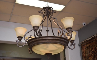 A DECORATIVE SIX BRANCH LIGHT FITTING WITH GLASS SHADES (PLEASE NOTE THIS HEAVY ITEM MUST BE REMOVED BY CARRIERS AT THE CUSTOMER'S E..
