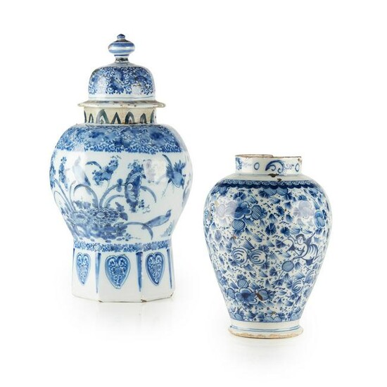 A DELFT WARE BLUE AND WHITE BALUSTER JAR AND COVER 18TH
