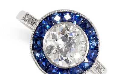 A DIAMOND AND SAPPHIRE RING of target design, set with