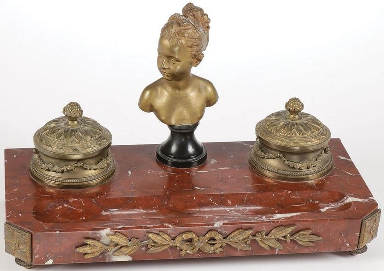 A FRENCH BRONZE & MARBLE INKWELL, 19TH C