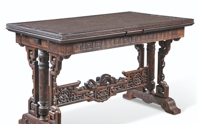 A FRENCH 'JAPONISME' STAINED BEECH DRAW-LEAF LIBRARY TABLE