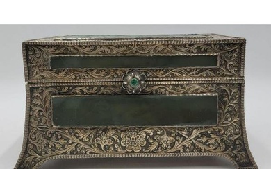 A Fine Mughal Sterling Box W/ Jade Panels & Emerald 19C