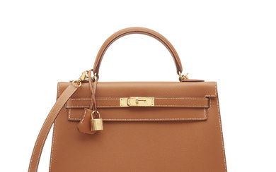 A GOLD EPSOM LEATHER SELLIER KELLY 32 WITH GOLD HARDWARE...