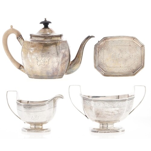 A George III silver tea service, with engraved border and re...