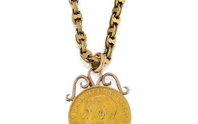 A George V gold sovereign pendant necklace,1914, the double scroll surmount to a fancy belcher link chain, length 54.0cm, approximate weight of pendant 8.8g