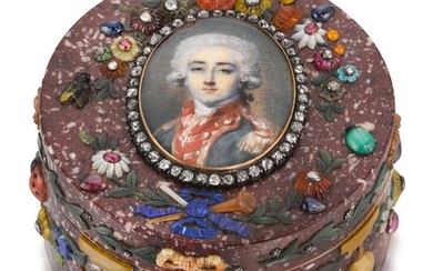 A JEWELLED AND GOLD-MOUNTED HARDSTONE APPLIQUÉ PORTRAIT SNUFF BOX, PROBABLY BERLIN, CIRCA 1770