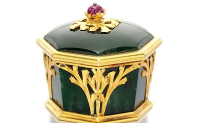 A JEWELLED GOLD-MOUNTED NEPHRITE BOX, POSSIBLY IVAN FEODOROV, MOSCOW, 1899-1908
