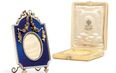 A JEWELLED VARICOLOUR GOLD-MOUNTED AND GUILLOCHÉ ENAMEL SILVER PHOTOGRAPH FRAME, MARKED FABERGÉ, WITH THE WORKMASTER’S MARK OF VICTOR AARNE, ST PETERSBURG, CIRCA 1890, SCRATCHED INVENTORY NUMBER 1148