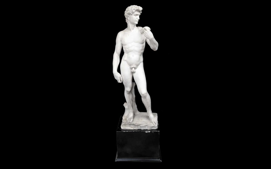 A LARGE 19TH CENTURY ITALIAN MARBLE FIGURE OF DAVID AFTER MICHELANGELO
