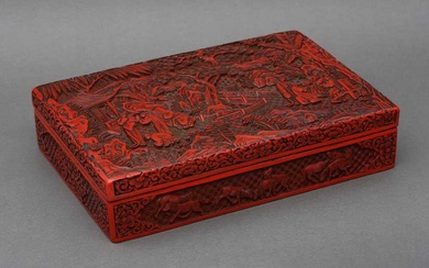 A LARGE AND FINE CHINESE CINNABAR LACQUER 'FIGURAL' BOX AND COVER 十九世紀 剔紅人物故事圖紋方蓋盒