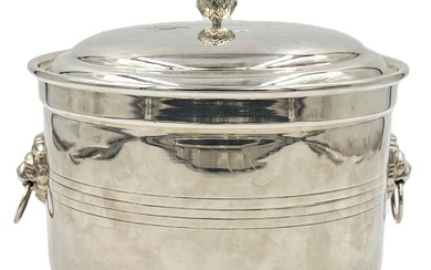 A LARGE SILVER LIDDED ICE BUCKET CONTAINER WITH A...