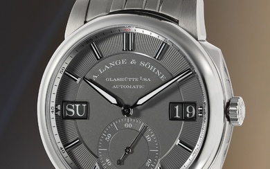 A. Lange & Söhne, Ref. 363.068 A coveted and rare white gold wristwatch with oversized day and date display, guarantee, and presentation box