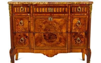 A Louis XV/XVI Transitional Style Marquetry Marble-Top Commode