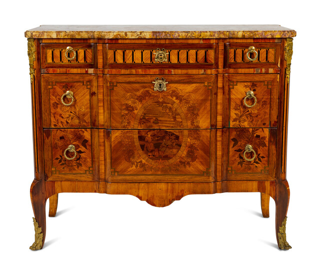 A Louis XV/XVI Transitional Style Marquetry Marble-Top Commode