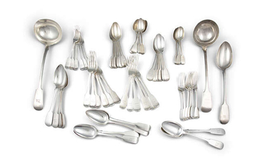 A MATCHED SET OF FIDDLE PATTERN SILVER FLATWARE,...