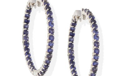 A PAIR OF 18K WHITE GOLD AND TANZANITE HOOP EARRINGS...