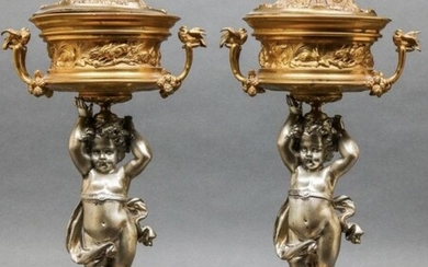 A PAIR OF 19TH C. BRONZE AND ROUGES MARBLE CASSOULETS