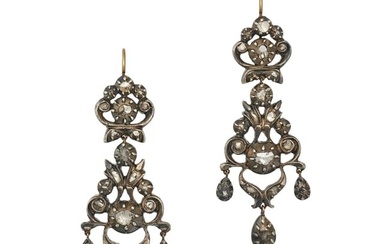 A PAIR OF ANTIQUE DIAMOND DROP EARRINGS in yellow gold and silver, each in an openwork foliate