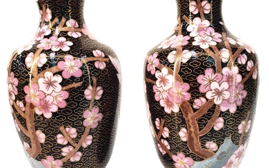 A PAIR OF CHINESE CLOISONNE NOIR GROUND VASES