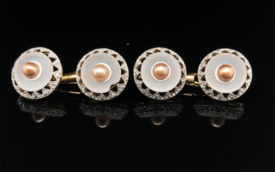 A PAIR OF CULTURED PEARL, DIAMOND AND CAMPHOR GLASS CUFFLINK / DRESS BUTTONS. EACH PAIR JOINED BY