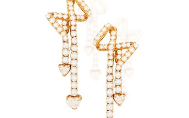 A PAIR OF DIAMOND PENDENT EARRINGS Each designed as a styli...