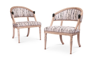 A PAIR OF GUSTAVIAN CREAM PAINTED AND UPHOLSTERED ARMCHAIRS SWEDISH, CIRCA 1800