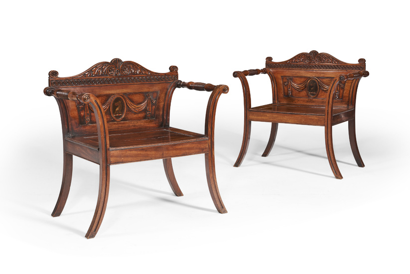 A PAIR OF IRISH GEORGE III MAHOGANY HALL BENCHES AFTER A DESIGN BY JAMES WYATT, CIRCA 1800