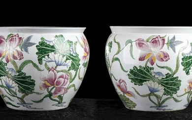 A PAIR OF PAINTED PORCELAIN CACHE-POTS China, 20th