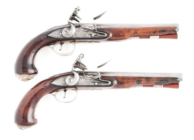 (A) PAIR OF SILVER MOUNTED OFFICERS PISTOLS, POSSIBLY