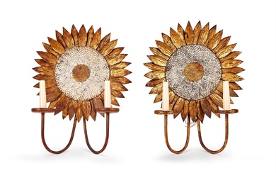 A PAIR OF SPANISH SILVER AND GILT DECORATED METAL TWIN BRANCH SUNFLOWER WALL LIGHTS, 1960s
