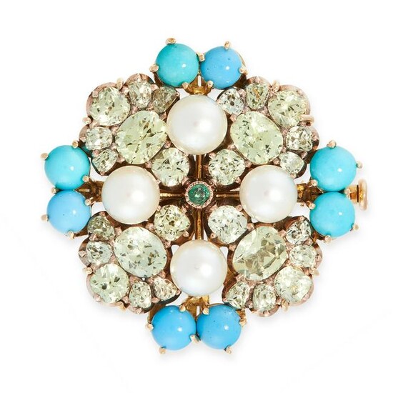 A PEARL, CHRYSOBERYL, EMERALD AND TURQUOISE BROOCH in