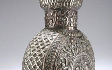 A PERSIAN WHITE-METAL FLASK, probably 19th Century