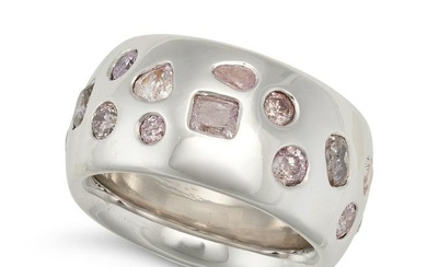 A PINK DIAMOND DRESS RING in 18ct white gold, the wide band set with various cut pink diamonds al...