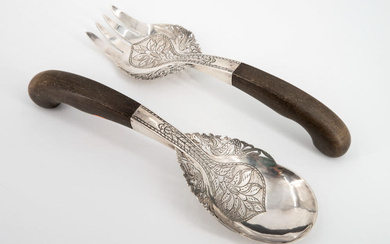 A Pair of Asian Silver and Wood Serving Flatware