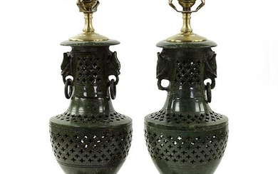 A Pair of Chinese Carved Hardstone Lamps.