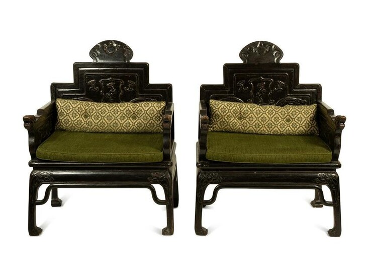 A Pair of Chinese Carved Hardwood Armchairs Height 44 x