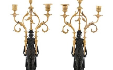 A Pair of Empire Gilt and Patinated Bronze and Marble