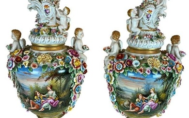 A Pair of Hand Painted Porcelain Vases ''Cherubs''