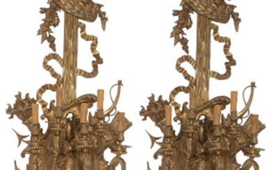 A Pair of Monumental French Louis XV-Style Gilt Bronze Five-Light Sconces