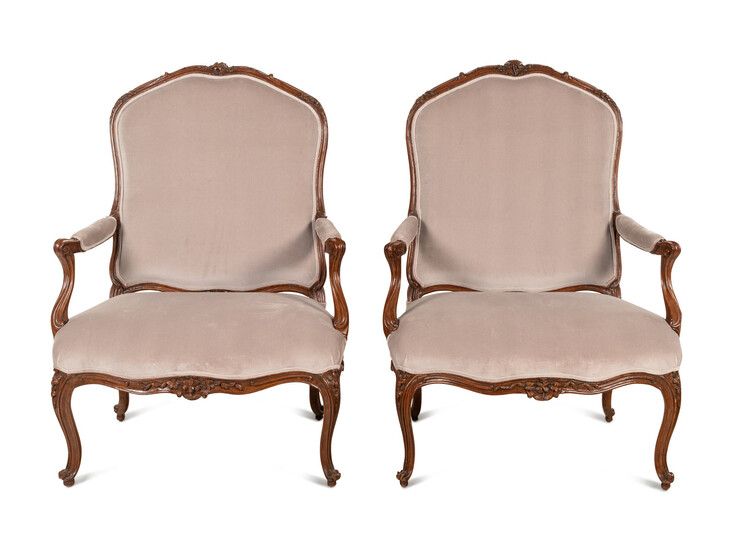 A Pair of Oversized Louis XV Carved Beechwood Fauteuils à la Reine by Louis Cresson (French, 1706-1761)