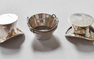 A Pair of Victorian Novelty Silver Salt-Cellars and a Set...