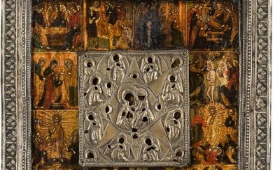 A RARE ICON SHOWING THE MOTHER OF GOD 'OF THE BURNING