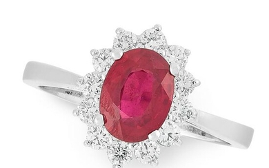 A RUBY AND DIAMOND RING in 18ct white gold, set with an