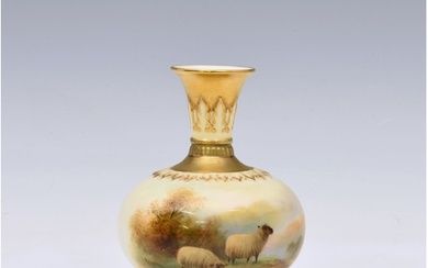 A Royal Worcester porcelain squat sheep painted bottle vase ...