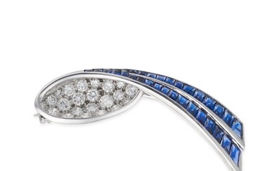 A SAPPHIRE AND DIAMOND SPRAY BROOCH in 18ct white gold, set with round brilliant cut diamonds and