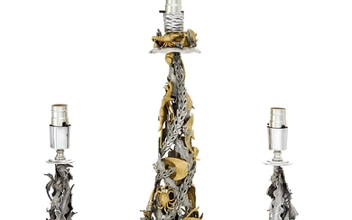 A SET OF THREE ITALIAN SILVER AND PARCEL-GILT SILVER TABLE LAMPS MARK OF MAZZUCATO, MILAN, SECOND HALF 20TH CENTURY