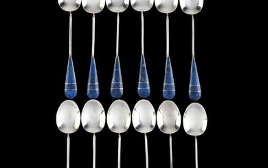A Set of Twelve .950 Silver Demitasse Spoons with Lapis Lazuli